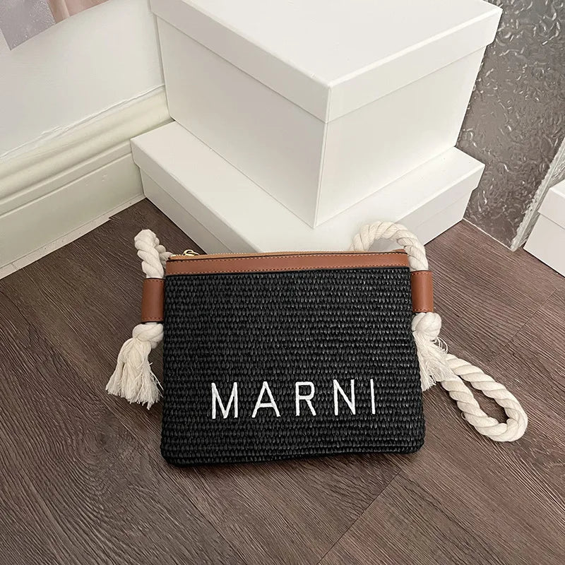 Minimalist Straw Crossbody Bag With Thick Rope Strap Embroidery