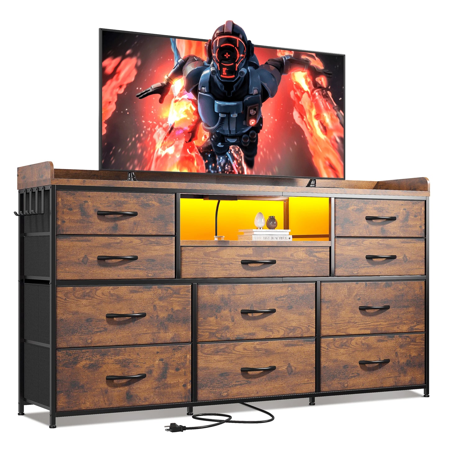 TV Stand With 11 Drawers LED Lighting Shelves And Power Outlets