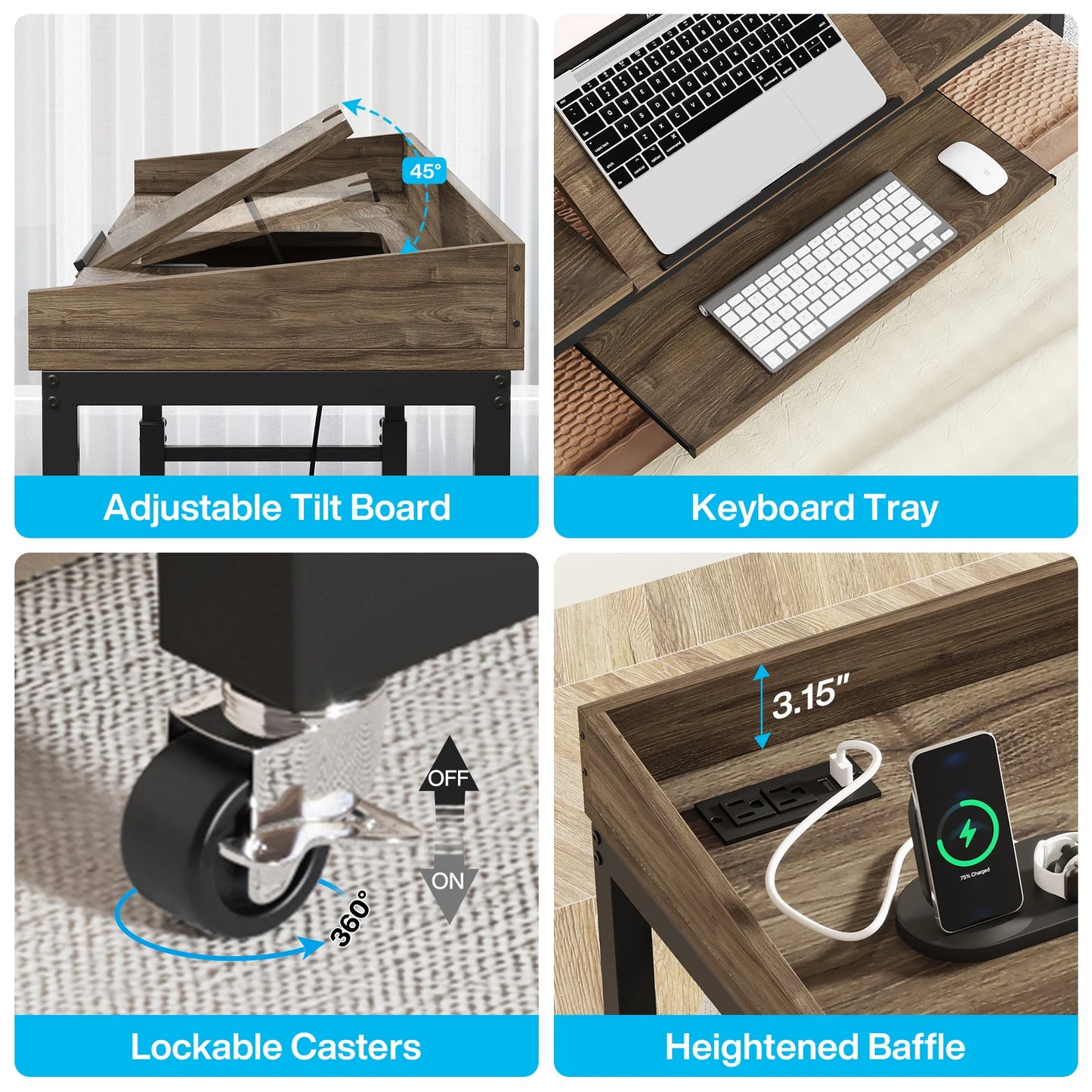 Tribesigns Overbed Table With Wheels Adjustable Tilt Desk