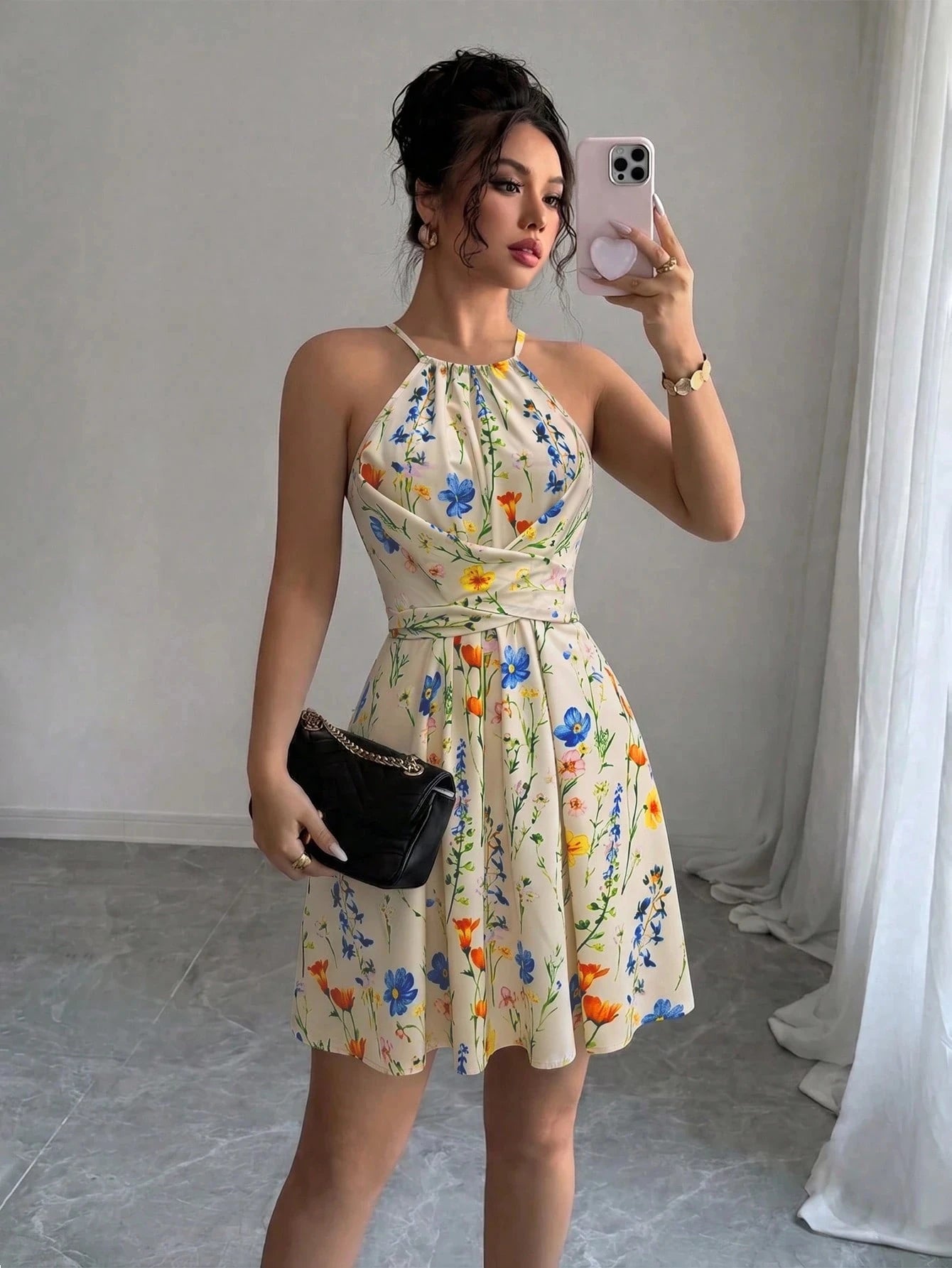 Tie Dye Print Halter Neck Dress Slim Fit High Waist