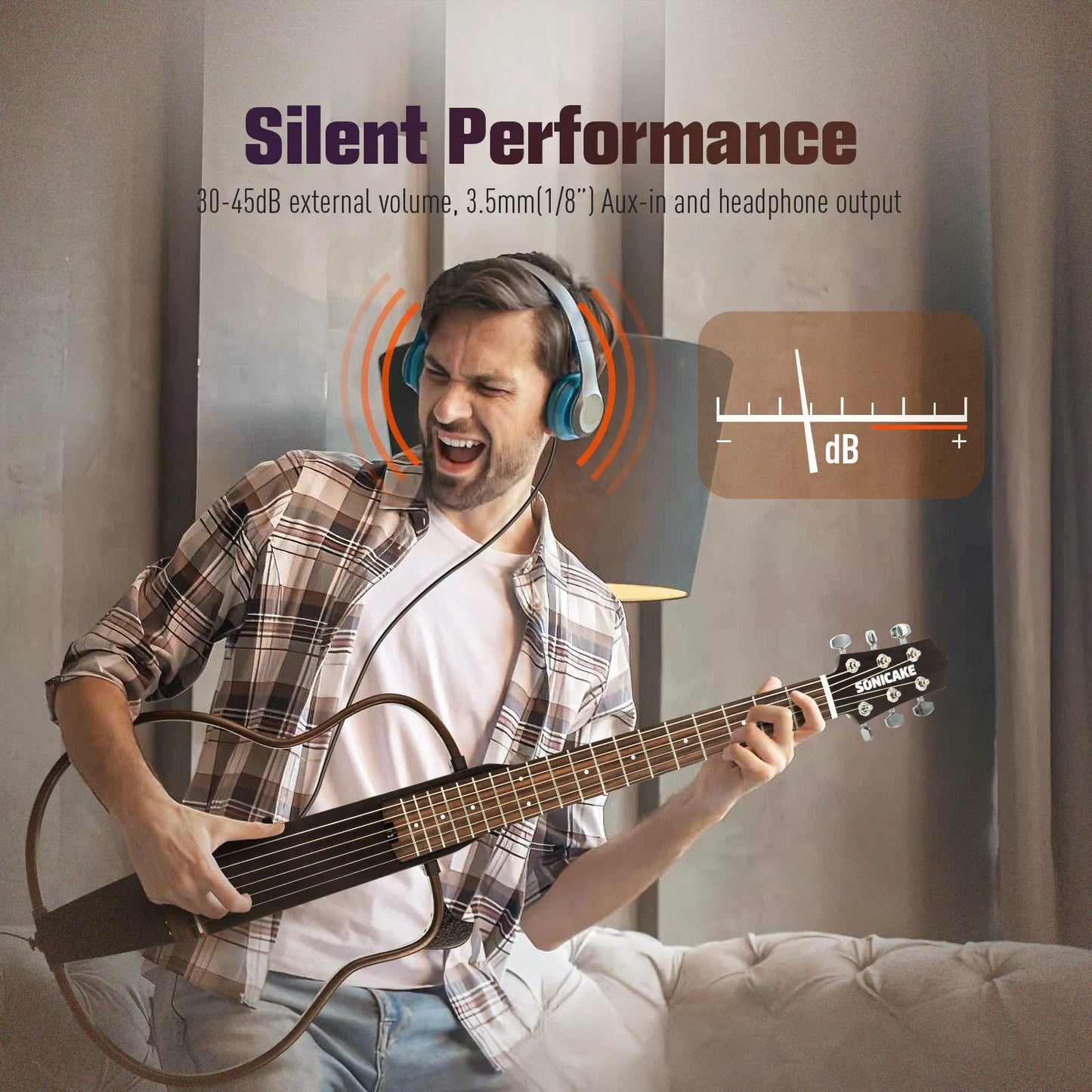 SonicaKe Silent Acoustic Electric Travel Guitar With Rechargeable Preamp
