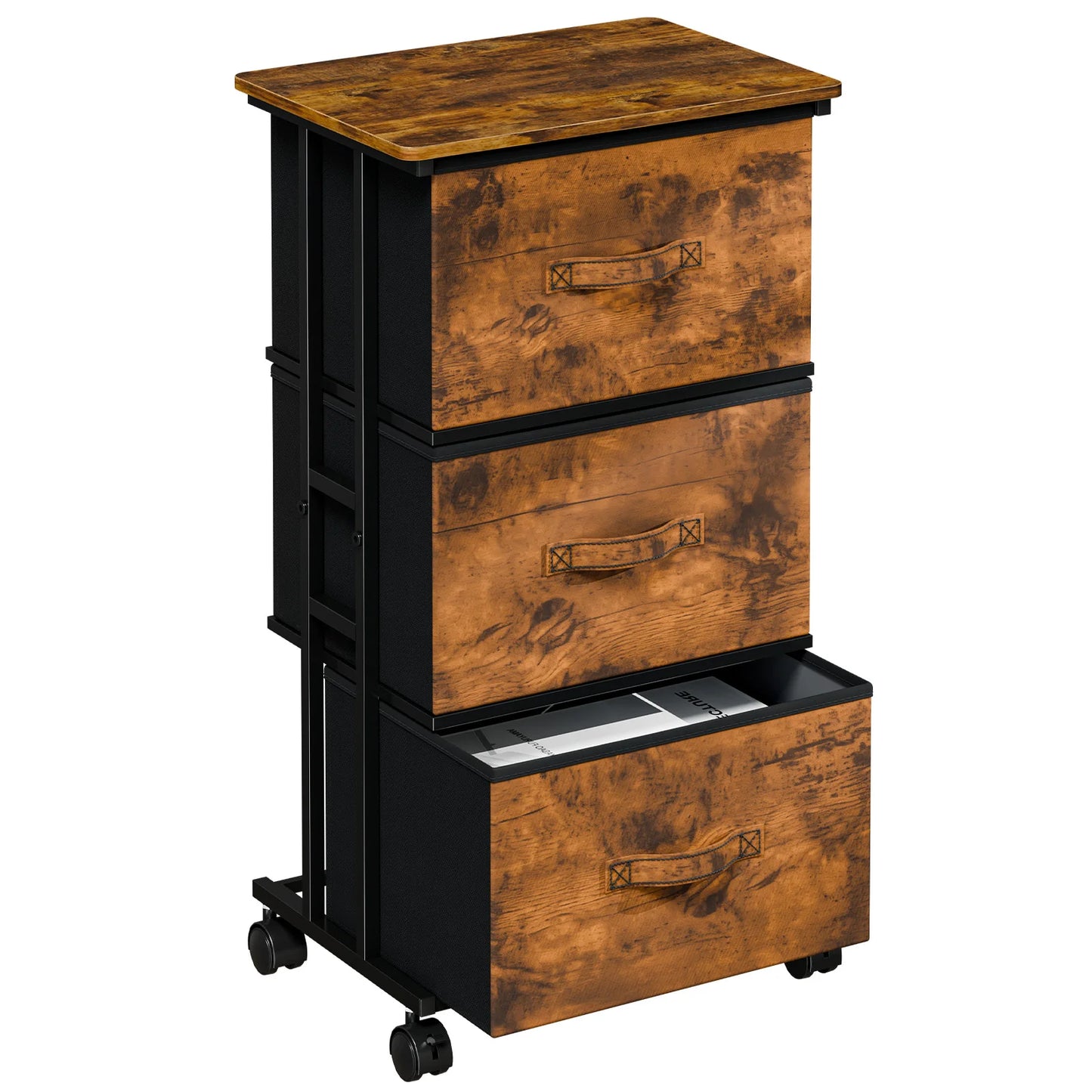 JHK 3 Drawer Dresser With Wheels Metal Frame Storage Cabinet For Closet Bedroom