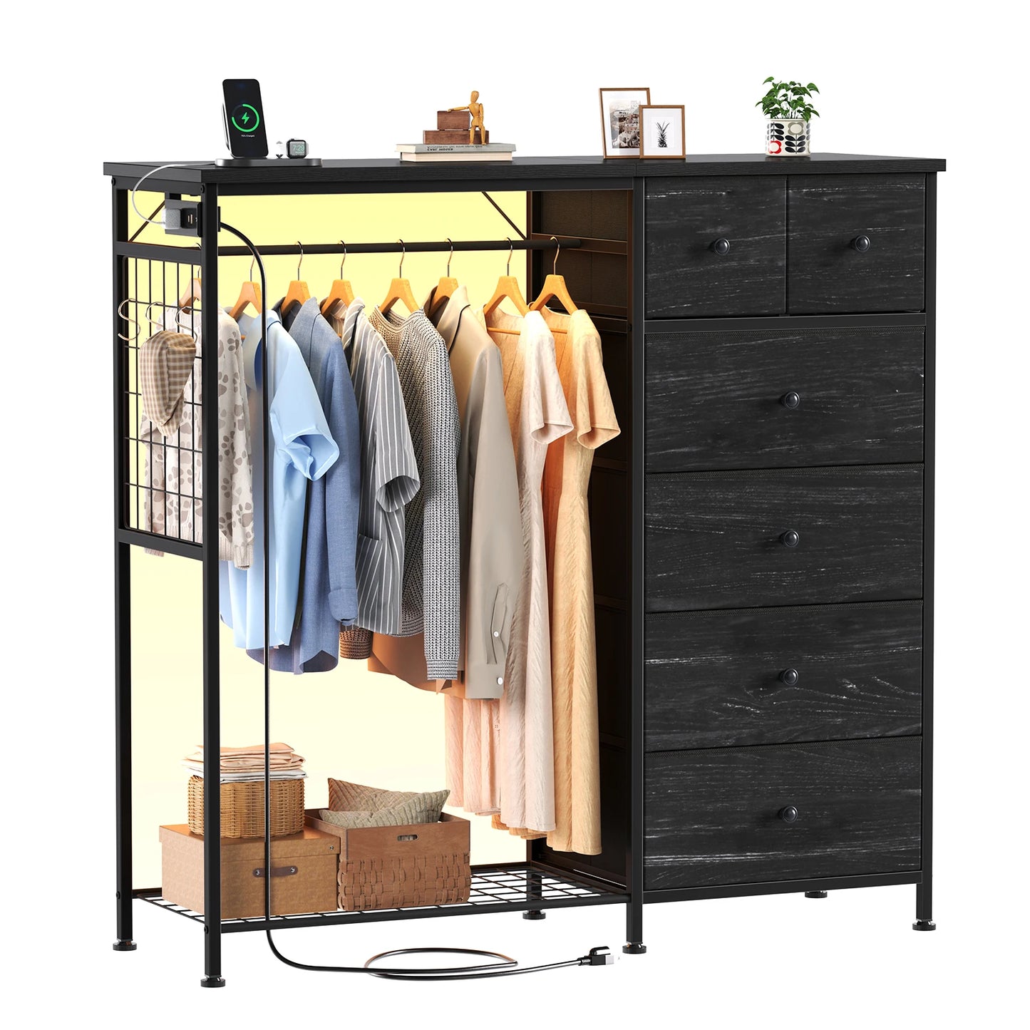 JHK Six Drawer Fabric Dresser With Hanging Rack And LED Lights