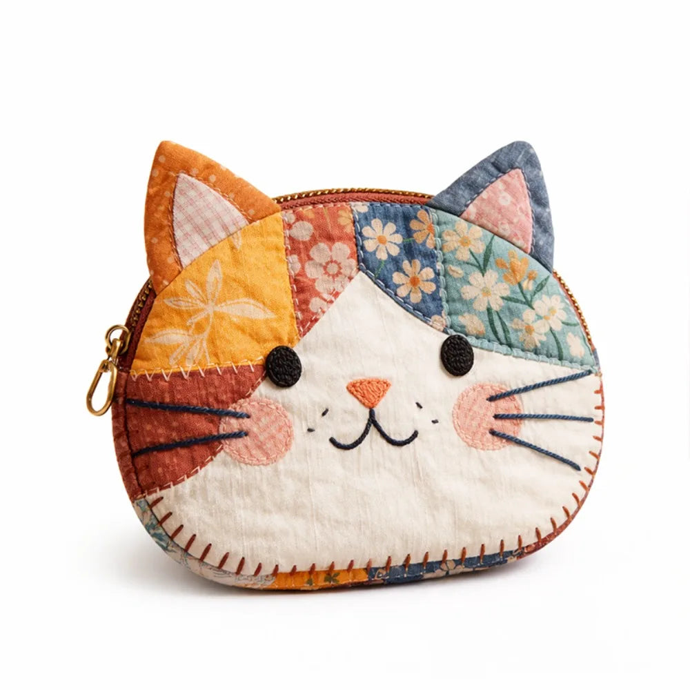 Waterproof Patchwork Cat Coin Purse With Zipper Makeup Bag Canvas