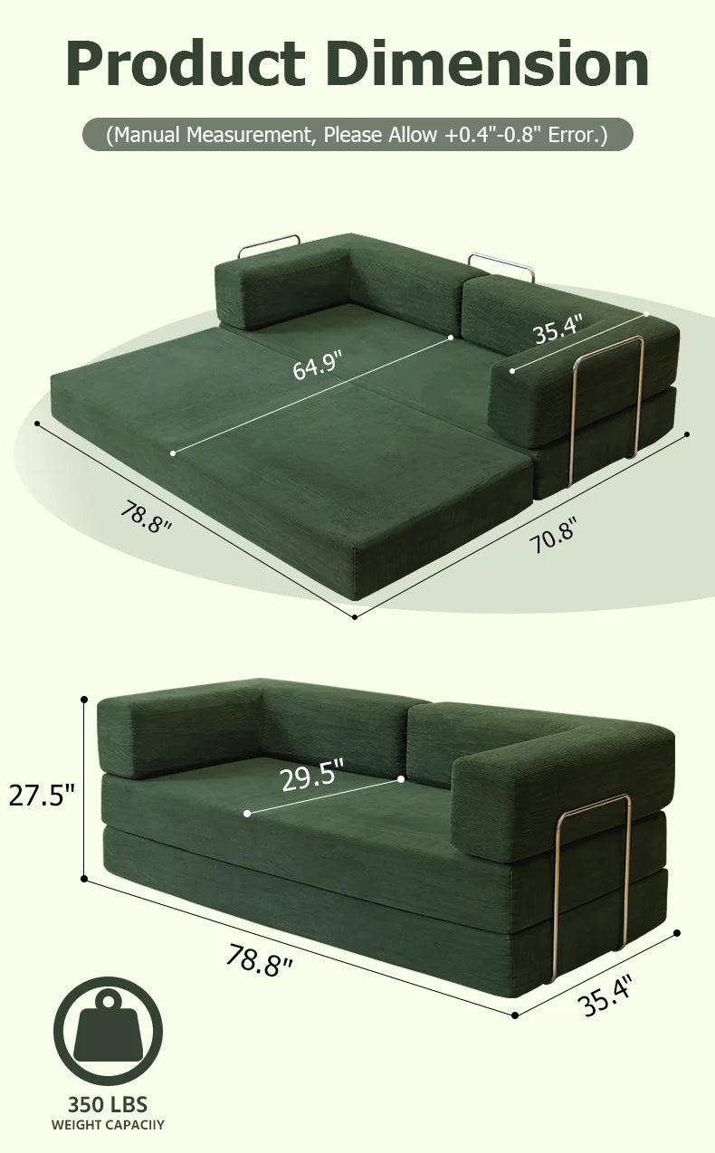 YQzyphyna 4-In-1 Folding Corduroy Futon Sofa Bed Loveseat