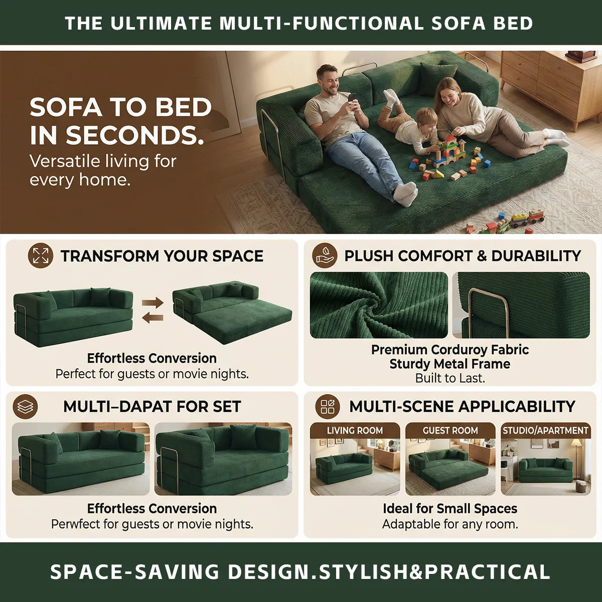 YQzyphyna 4-In-1 Folding Corduroy Futon Sofa Bed Loveseat