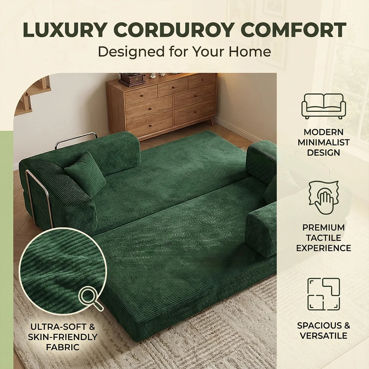 YQzyphyna 4-In-1 Folding Corduroy Futon Sofa Bed Loveseat