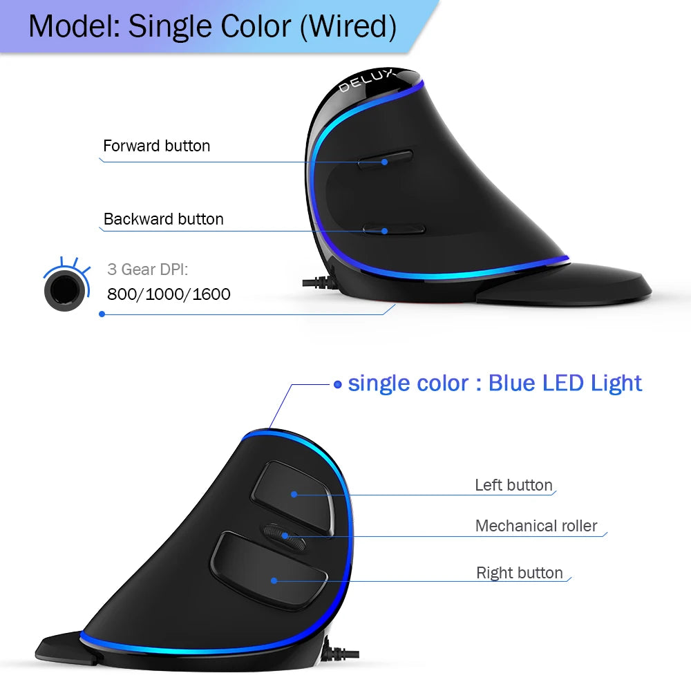 Delux M618 Plus Ergonomic Vertical Gaming Mouse 4000 DPI RGB