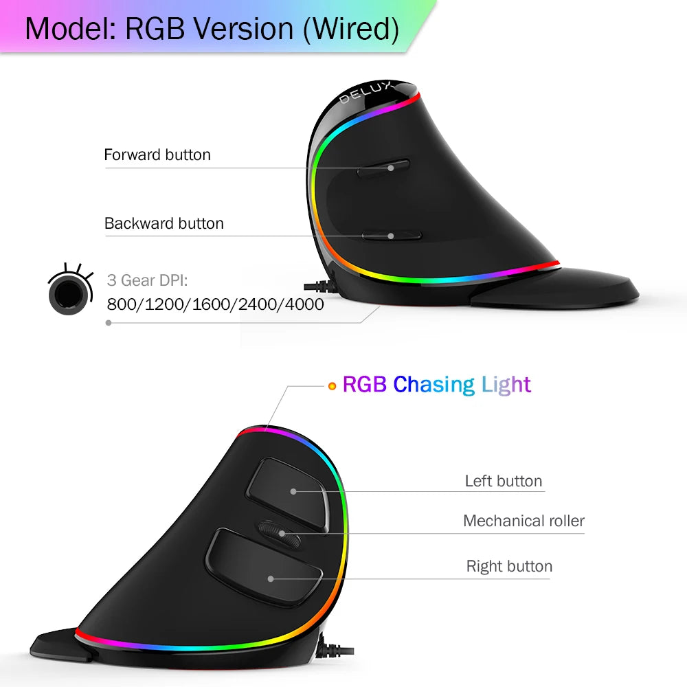 Delux M618 Plus Ergonomic Vertical Gaming Mouse 4000 DPI RGB