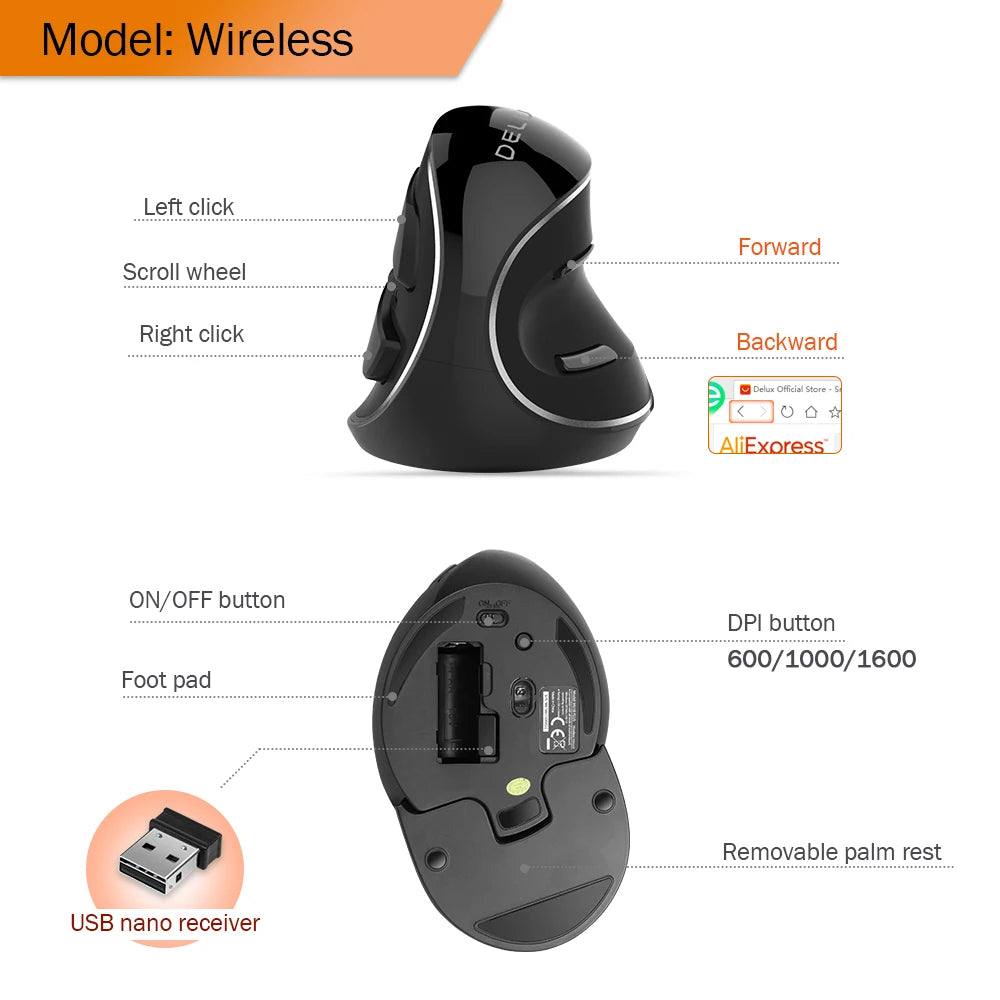Delux M618 Plus Ergonomic Vertical Gaming Mouse 4000 DPI RGB
