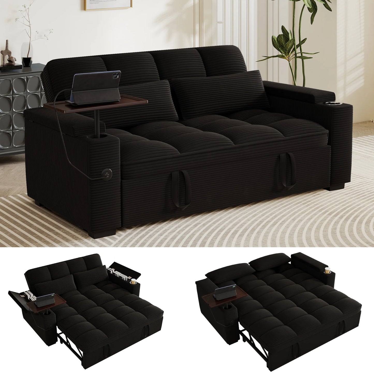 65 Inch Folding Convertible Sofa Bed With 360 Swivel Table