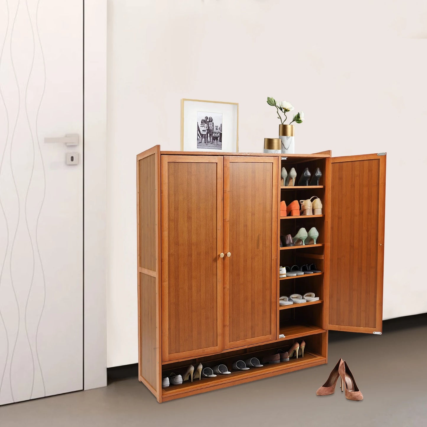 Natural Bamboo Shoe Cabinet With 3 Folding Doors 30 Pairs
