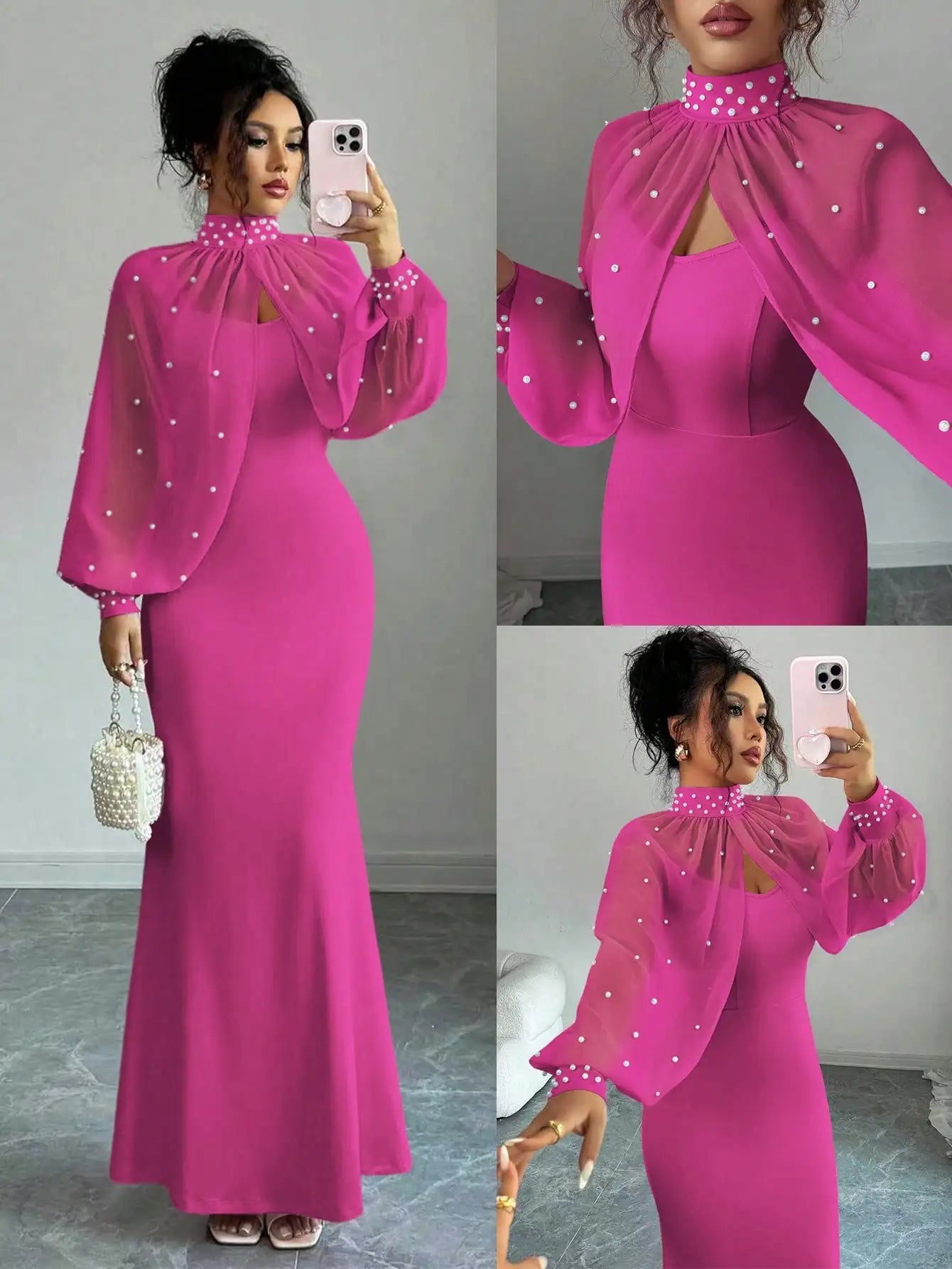Beaded Cape Sleeve Evening Dress Set With Pearl Overlay