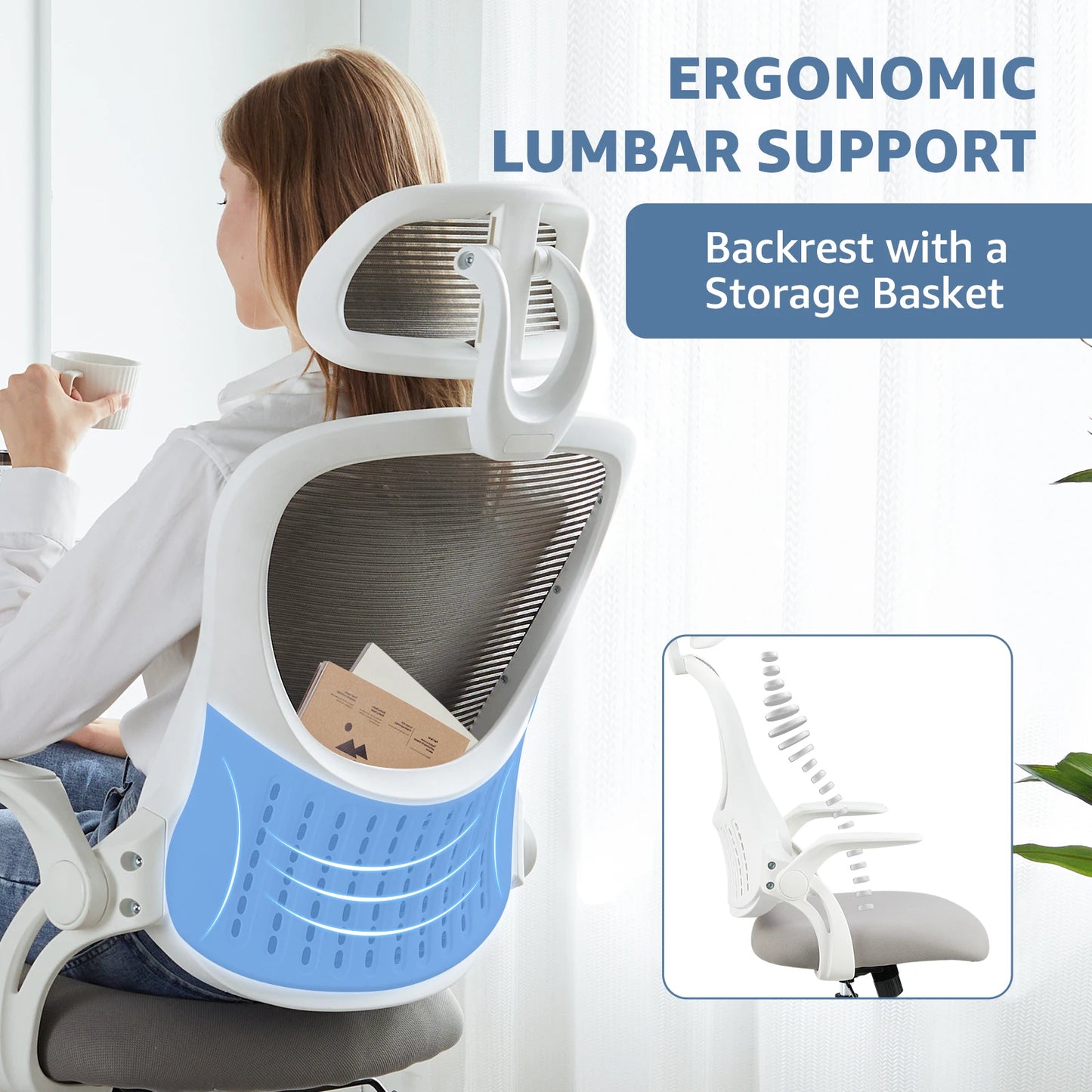 JHK Mesh Ergonomic Office Chair Flip-Up Arms Lumbar Support