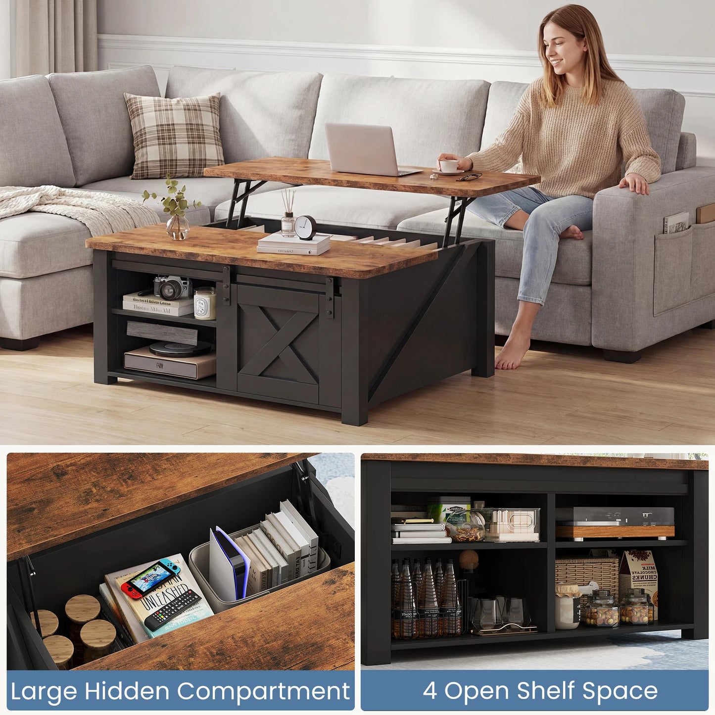 MCQ Wood Lift Top Coffee Table With Adjustable Storage Shelf