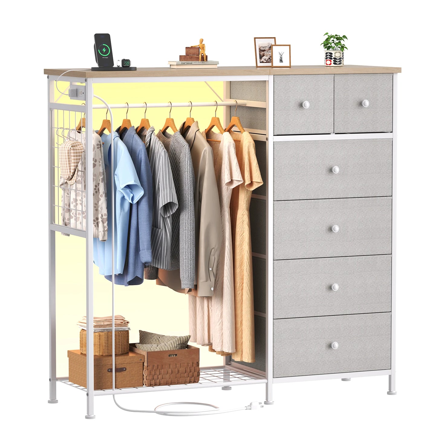 JHK Six Drawer Fabric Dresser With Hanging Rack And LED Lights
