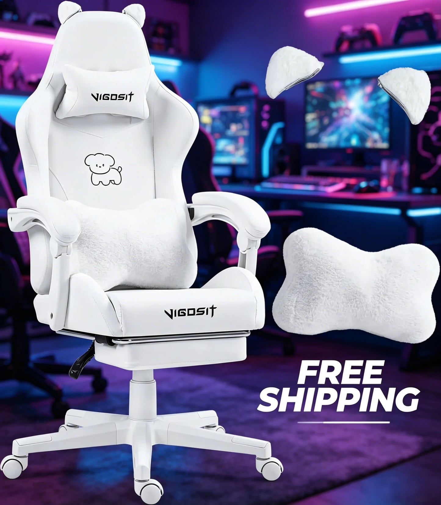 VIGOSIT Ergonomic Computer Chair With Footrest Headrest Cat Ears Massage Lumbar