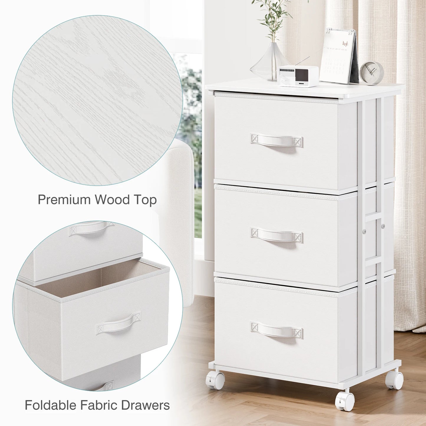 JHK 3 Drawer Dresser With Wheels Metal Frame Storage Cabinet For Closet Bedroom