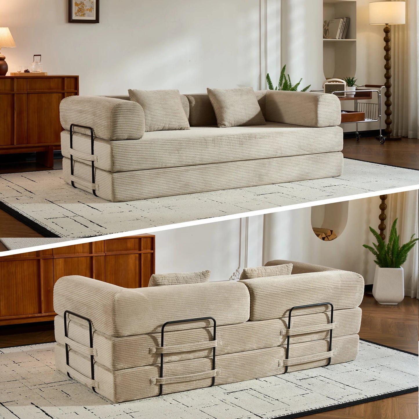 THOLASIS Folding Convertible Sofa Bed Corduroy Futon for Small Spaces