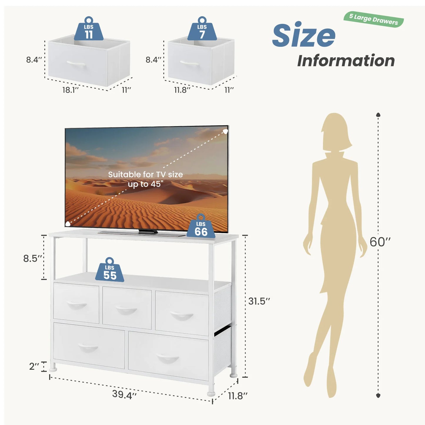 MCQ TV Stand Dresser With Five Fabric Storage Drawers Console