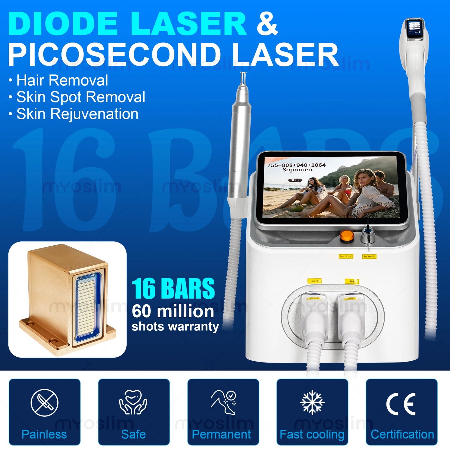 MYOSLIM 5000W Picosecond Diode Hair Removal 755 808 940 1064 NM 2 In 1 Machine