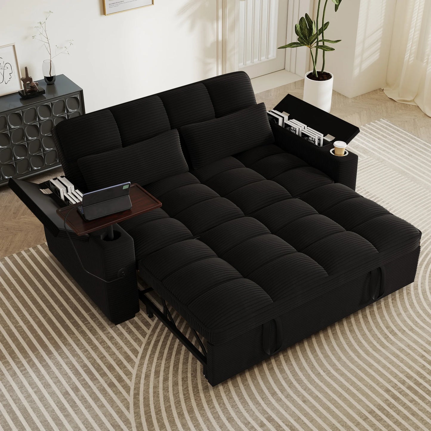65 Inch Folding Convertible Sofa Bed With 360 Swivel Table