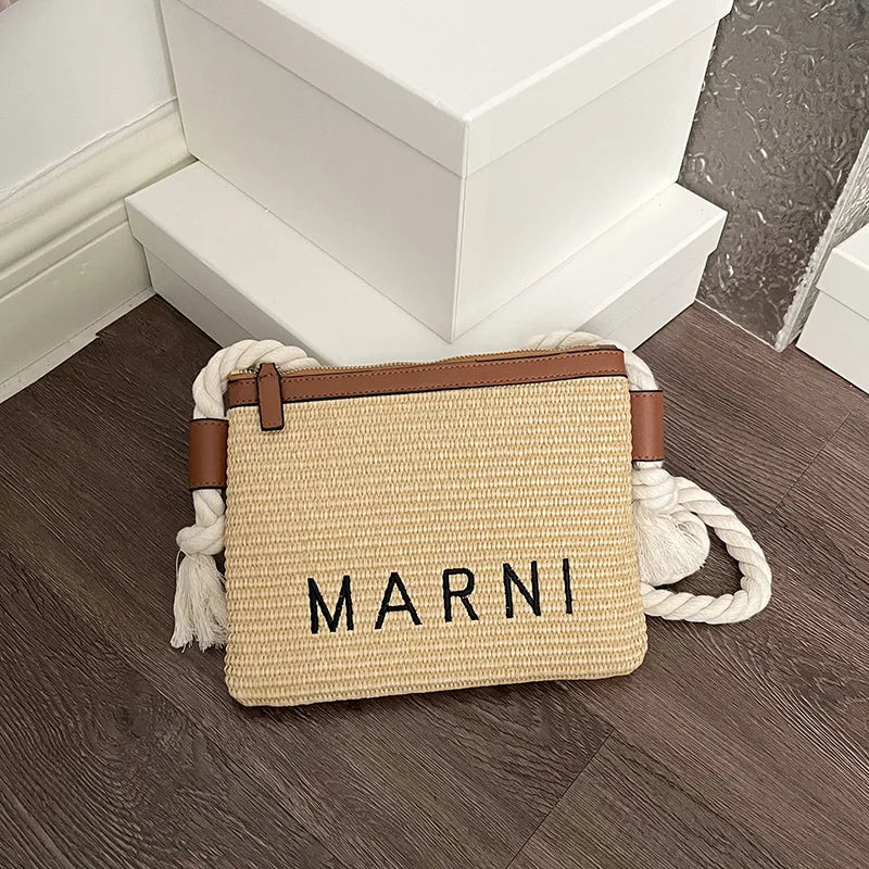Minimalist Straw Crossbody Bag With Thick Rope Strap Embroidery