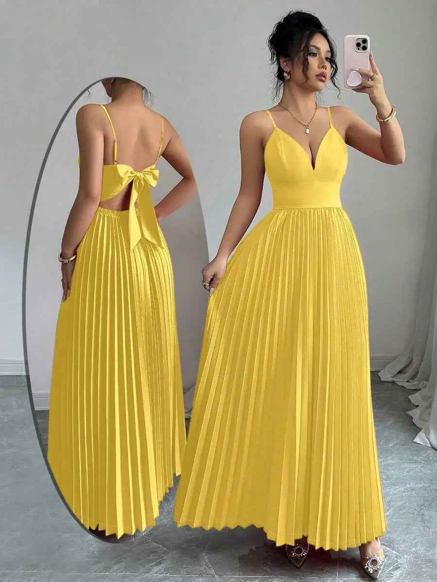 Pleated Floor Length Prom Dress With V Neck Spaghetti Straps Crepe