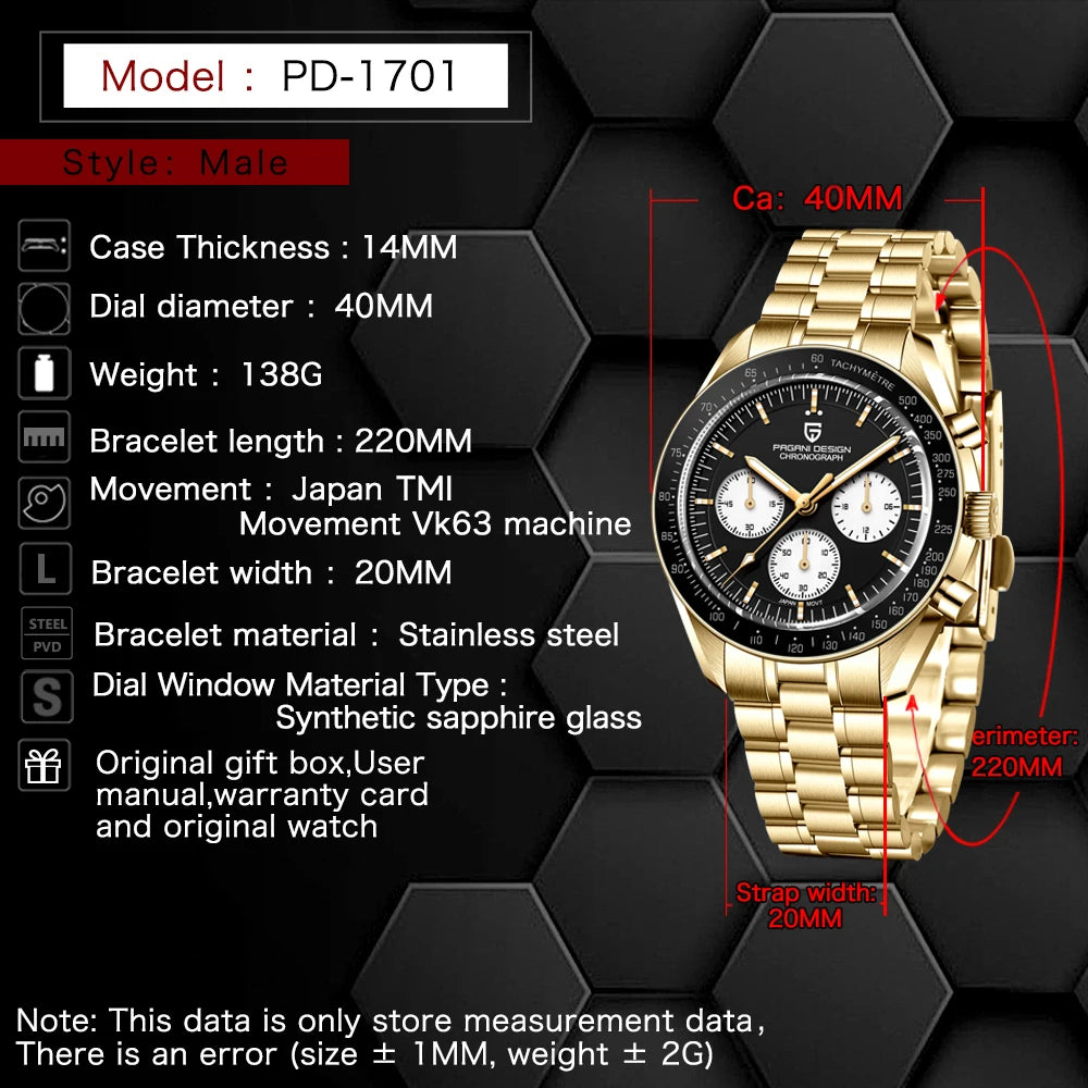 PAGANI DESIGN Luxury Quartz Chronograph Watch for Men with Date