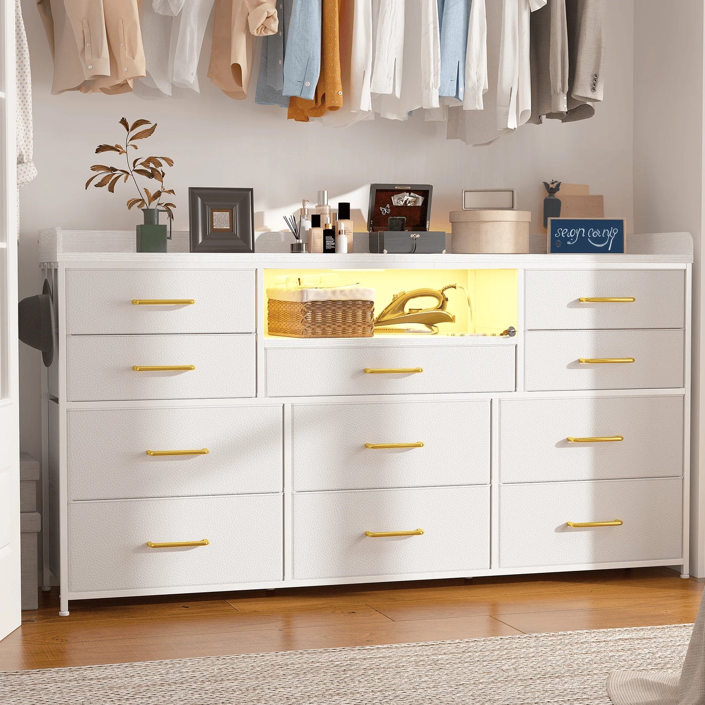 TV Stand With 11 Drawers LED Lighting Shelves And Power Outlets