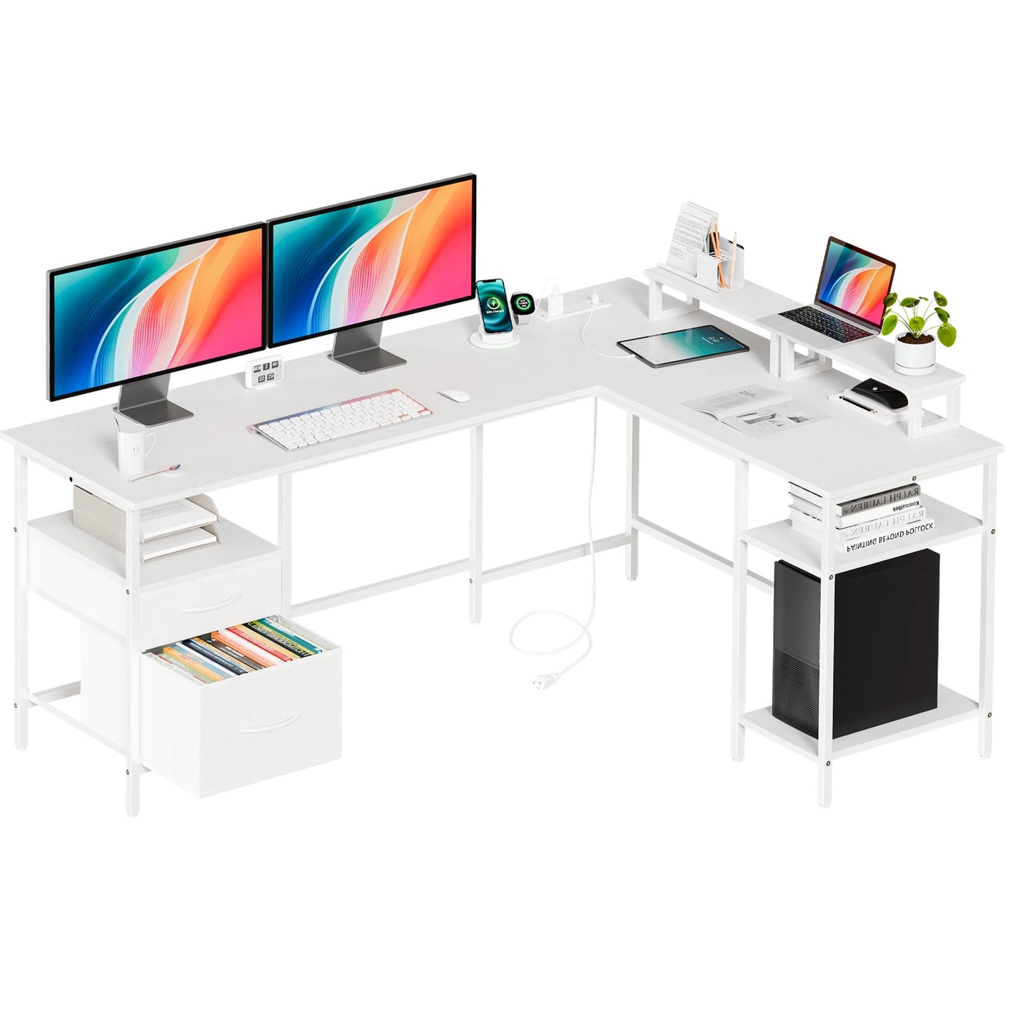 JHK L Shaped Desk With Two Drawers And Charging Station
