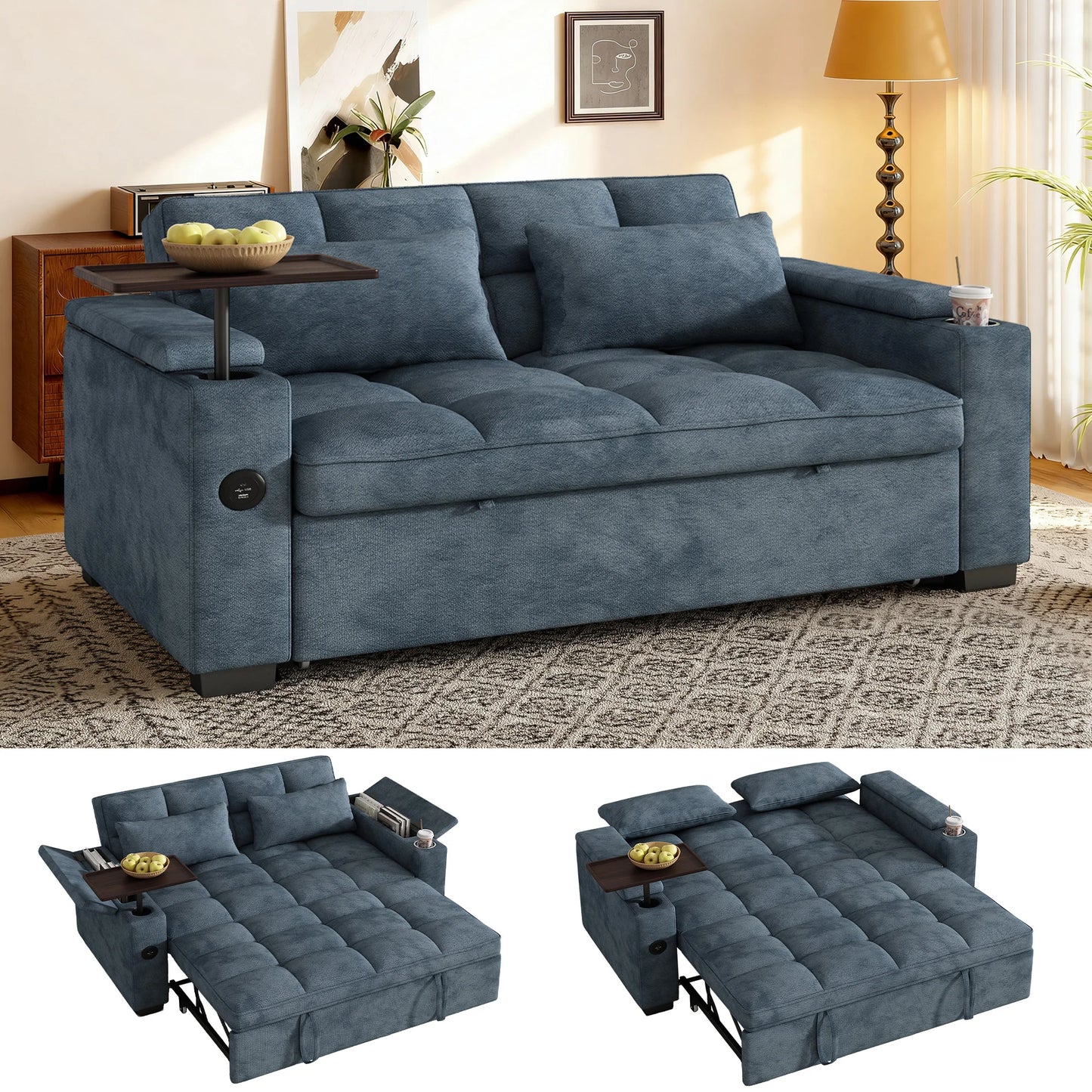 65 Inch Folding Convertible Sofa Bed With 360 Swivel Table