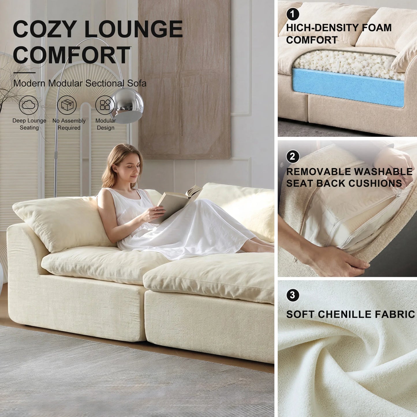 Yeflixvrau Modern Modular Sectional Sofa Cloud Couch Removable Cushions