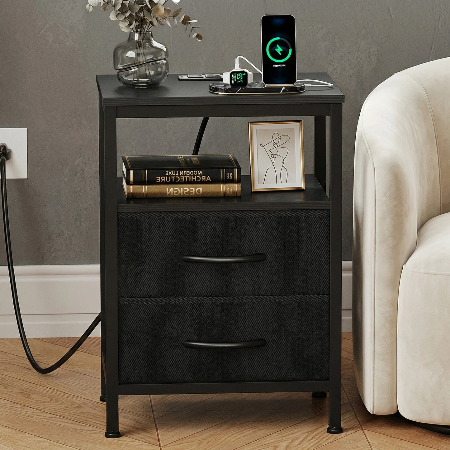 JHK Fabric Drawers Nightstand With USB Charging Station And Shelf