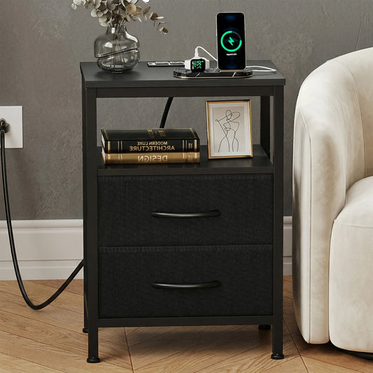 JHK Fabric Drawers Nightstand With USB Charging Station And Shelf
