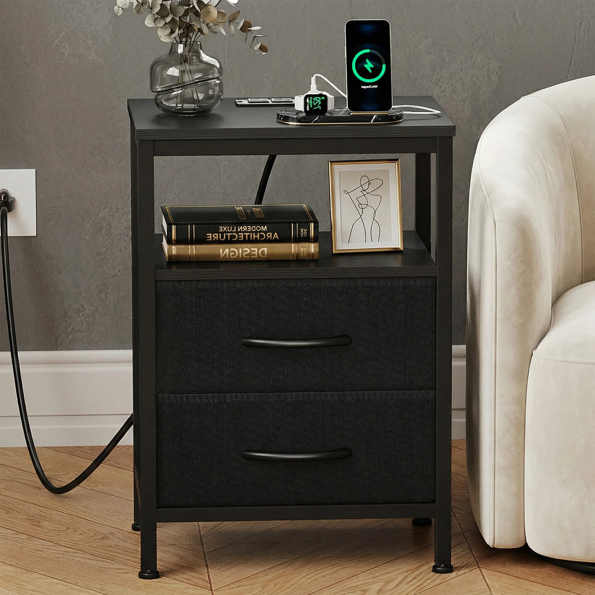 Jhk Modern Night Stand With Fabric Drawers And Usb Port