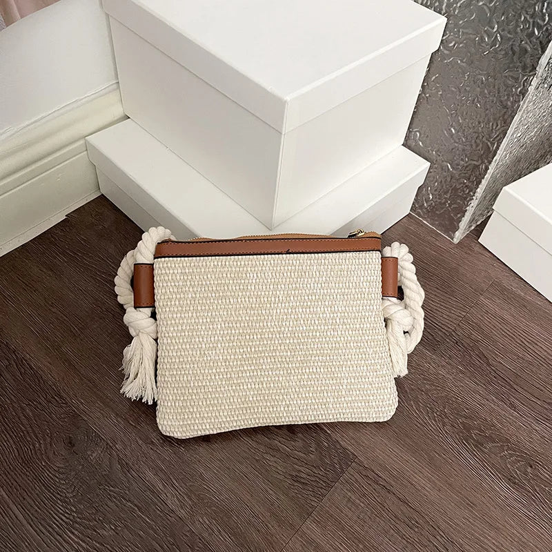 Minimalist Straw Crossbody Bag With Thick Rope Strap Embroidery