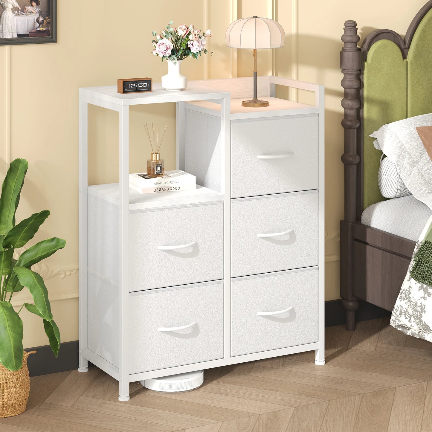 JHK 5 Fabric Drawer Chest With Raised Shelf Metal Frame TV Stand