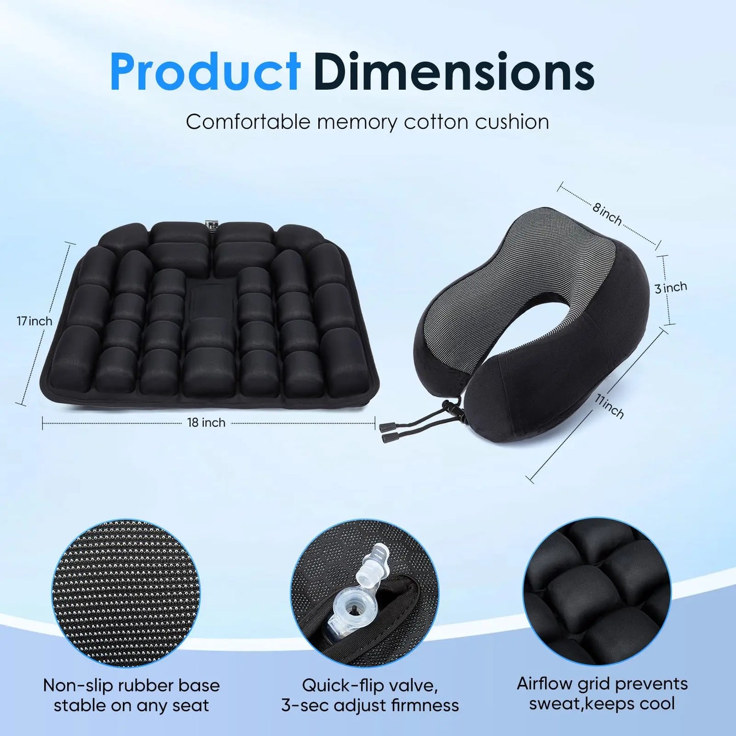 Filling Inflatable Travel Cushion Set U Neck Pillow Eye Mask Ear Plugs Carry Bag