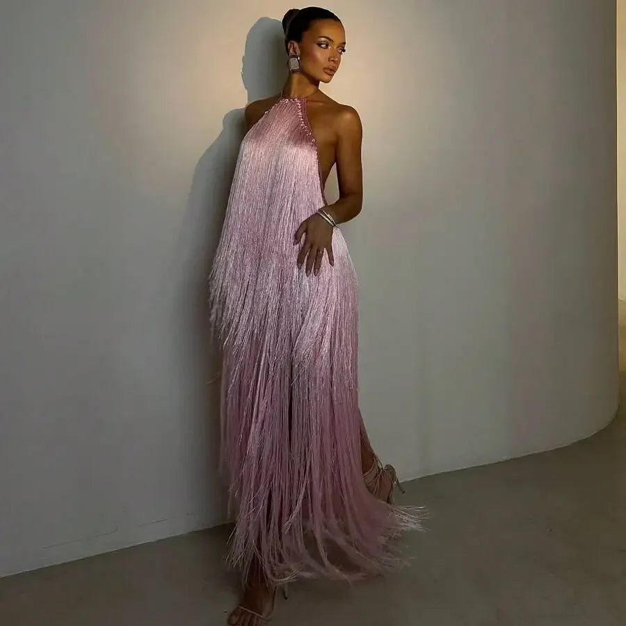Halter Neck Backless Tassel Evening Gown for Women
