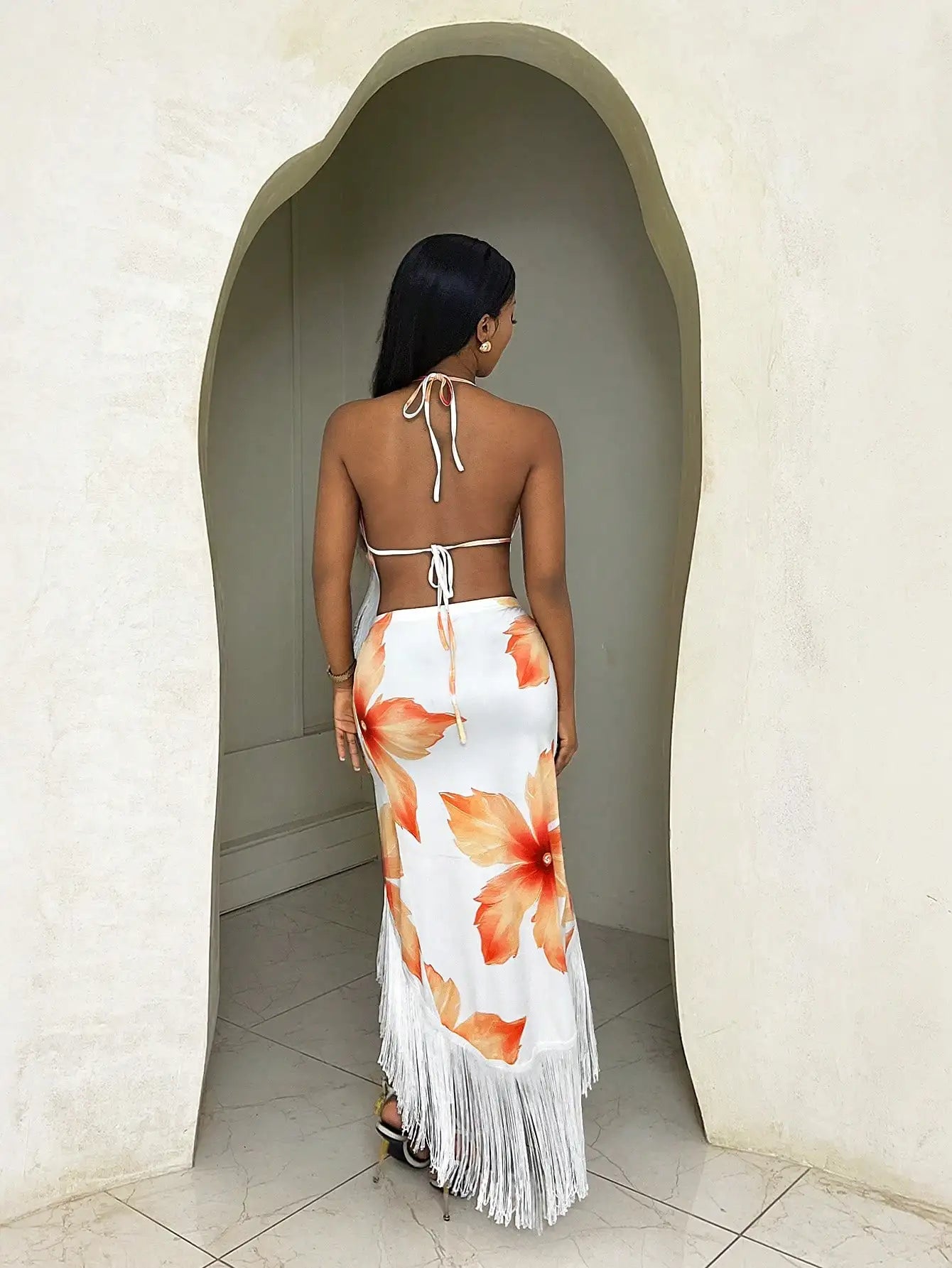 Floral Print Halter Tie Backless Tassel Midi Dress For Women