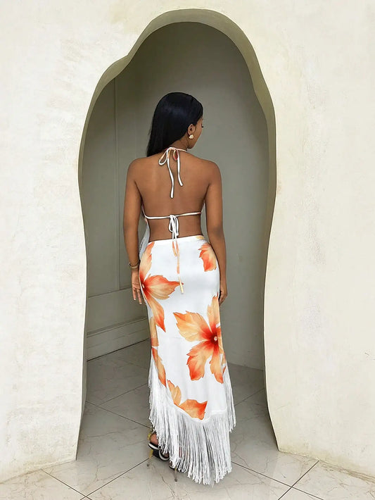 Floral Print Halter Tie Backless Tassel Midi Dress For Women