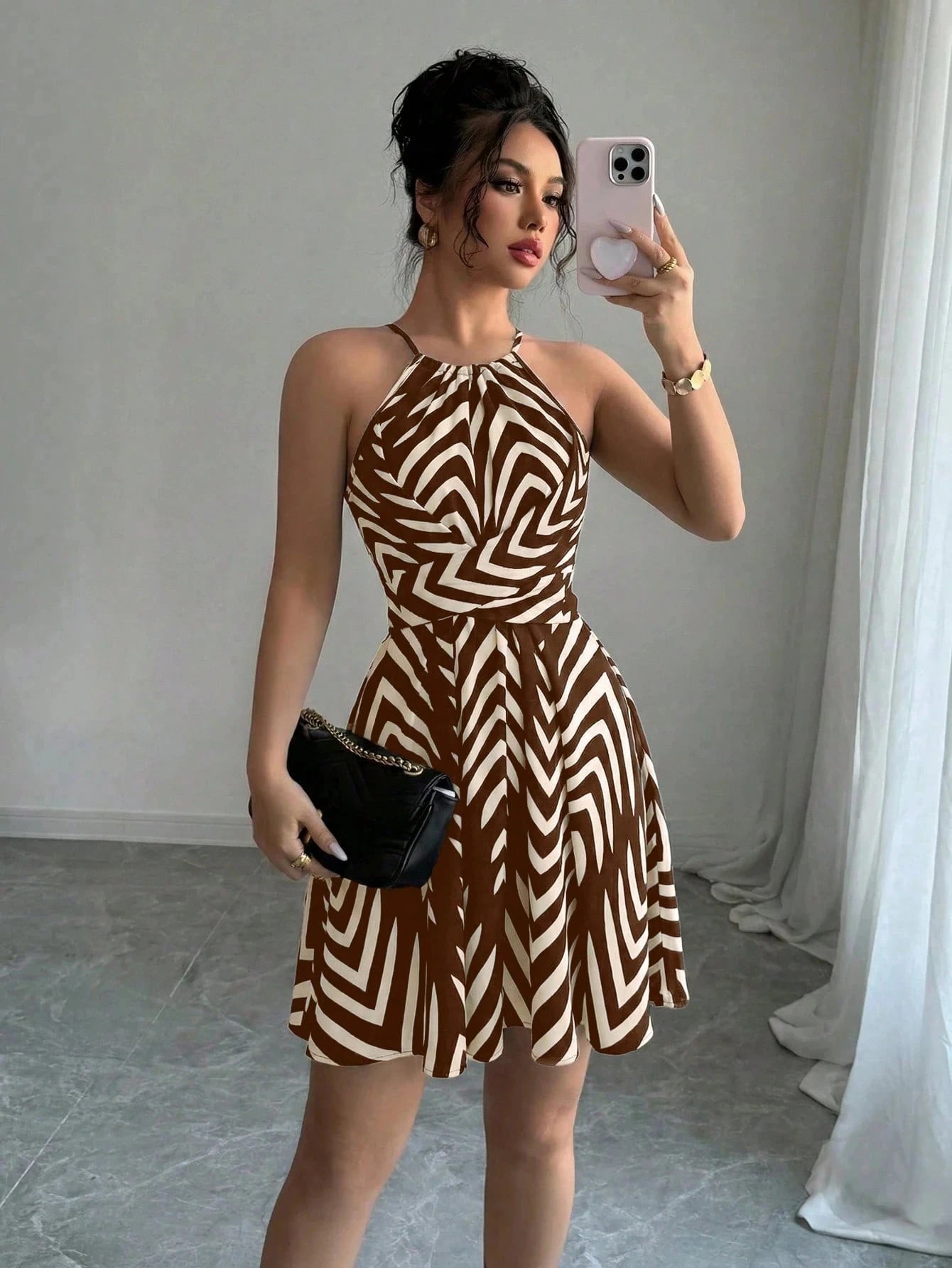 Tie Dye Print Halter Neck Dress Slim Fit High Waist