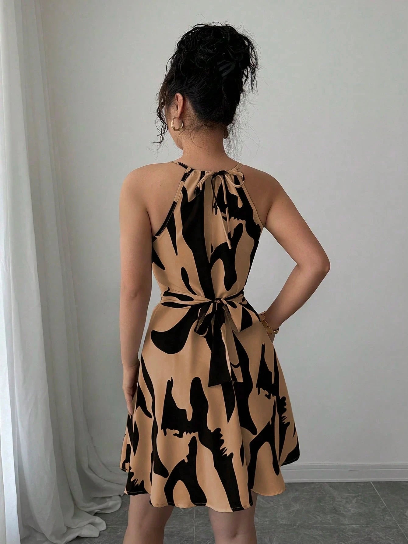 Tie Dye Print Halter Neck Dress Slim Fit High Waist