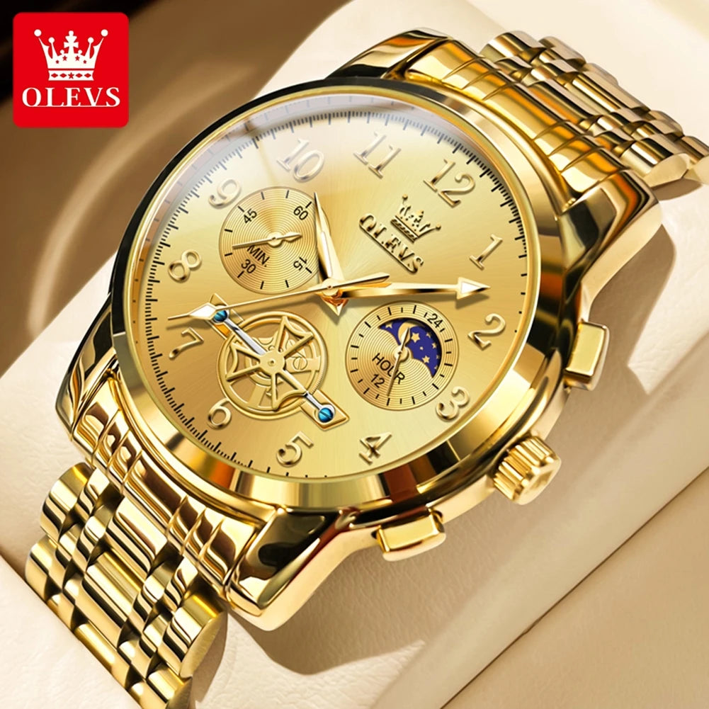 OLEVS Moon Phase Watch For Men Stainless Steel Chronograph