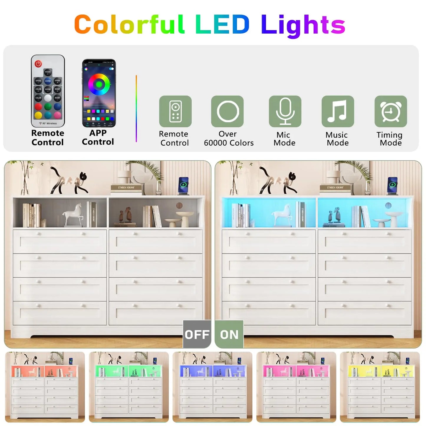 HiMISS 8 Drawer Dresser With LED Lights Charging Station TV Stand Open Shelves