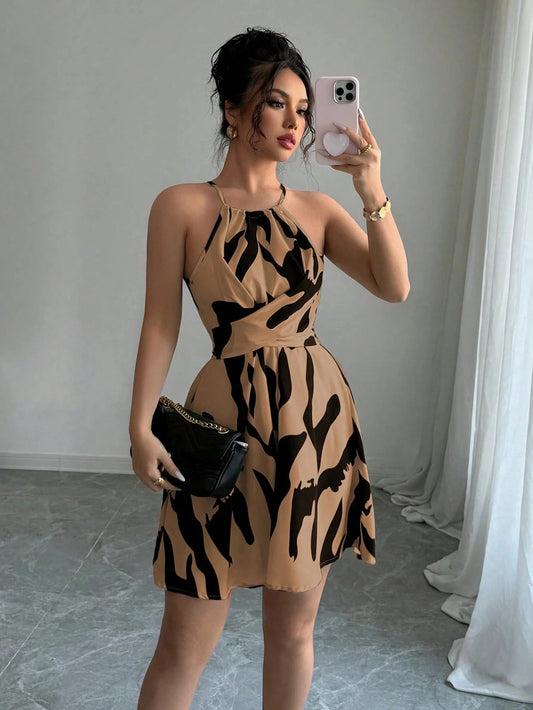 Tie Dye Print Halter Neck Dress Slim Fit High Waist