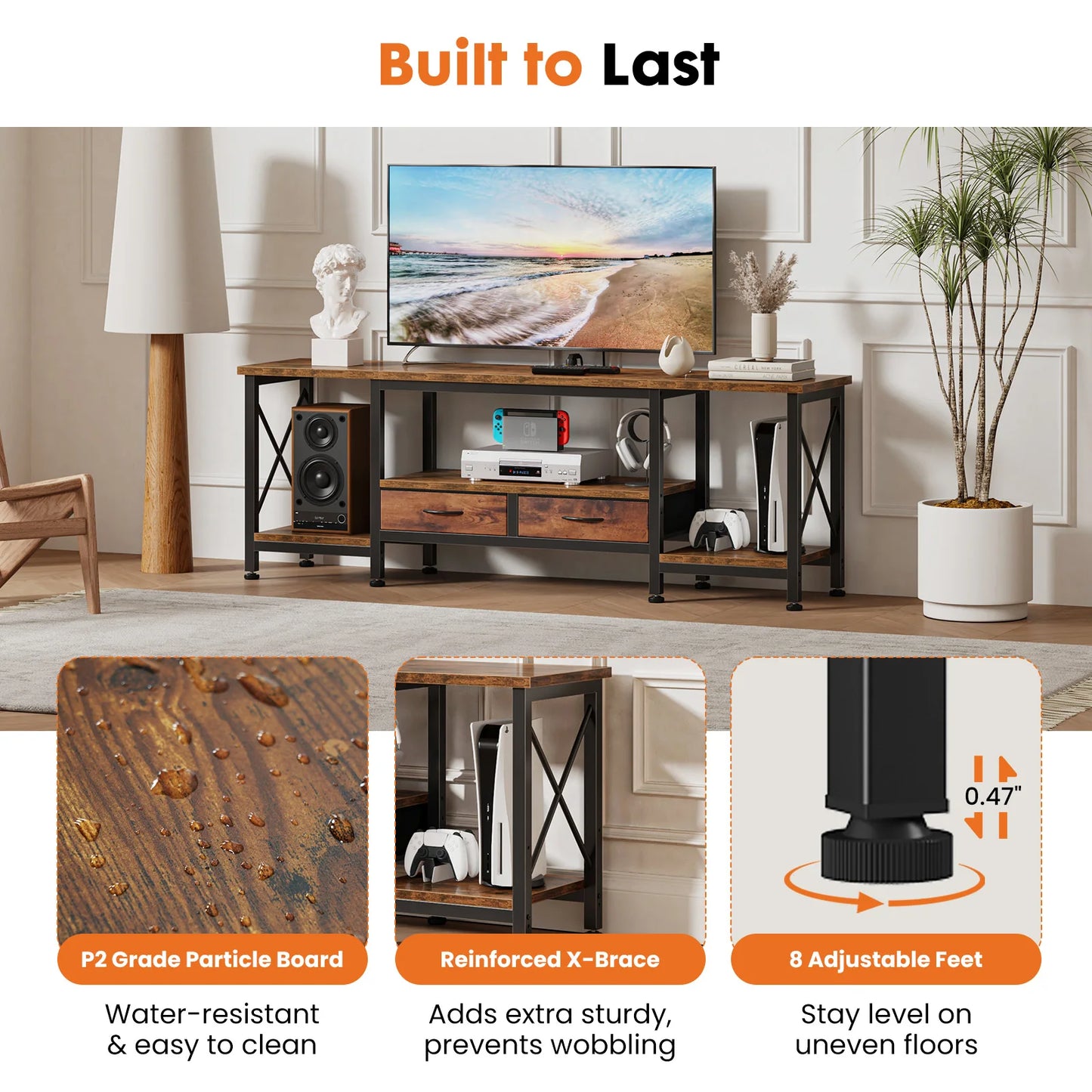 JHK Wooden TV Stand With Charging Station And Drawers Media Console