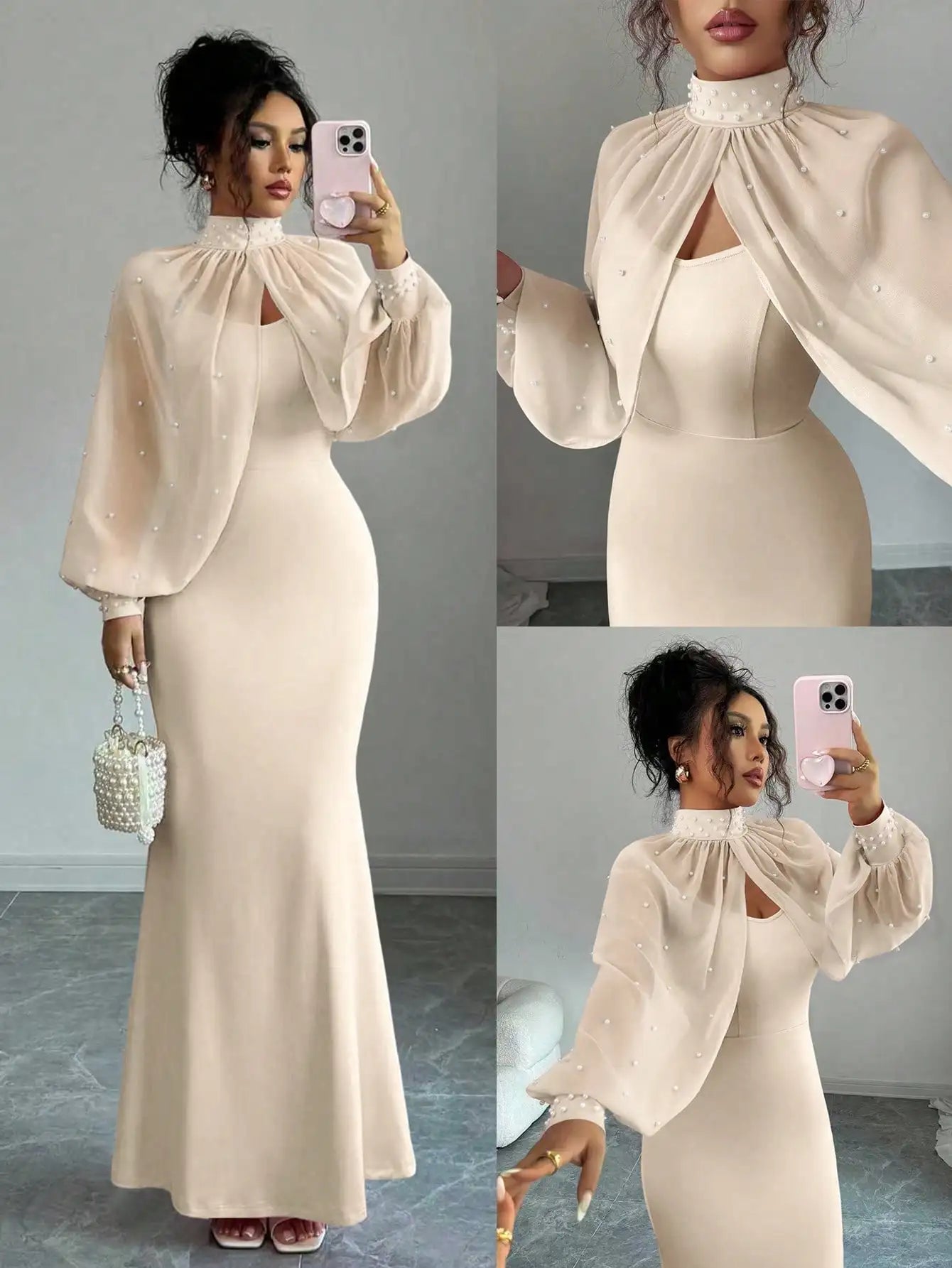 Beaded Cape Sleeve Evening Dress Set With Pearl Overlay