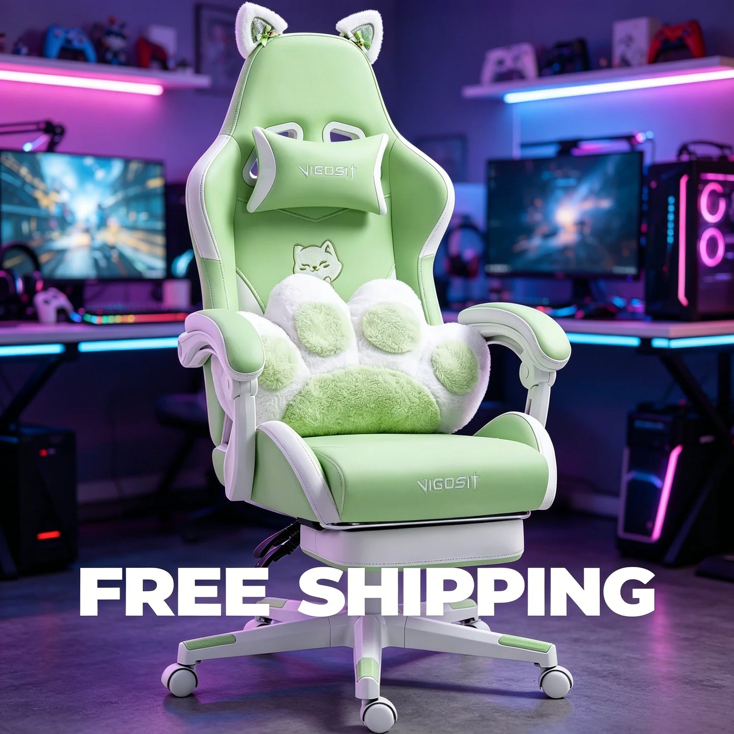 VIGOSIT Ergonomic Computer Chair With Footrest Headrest Cat Ears Massage Lumbar